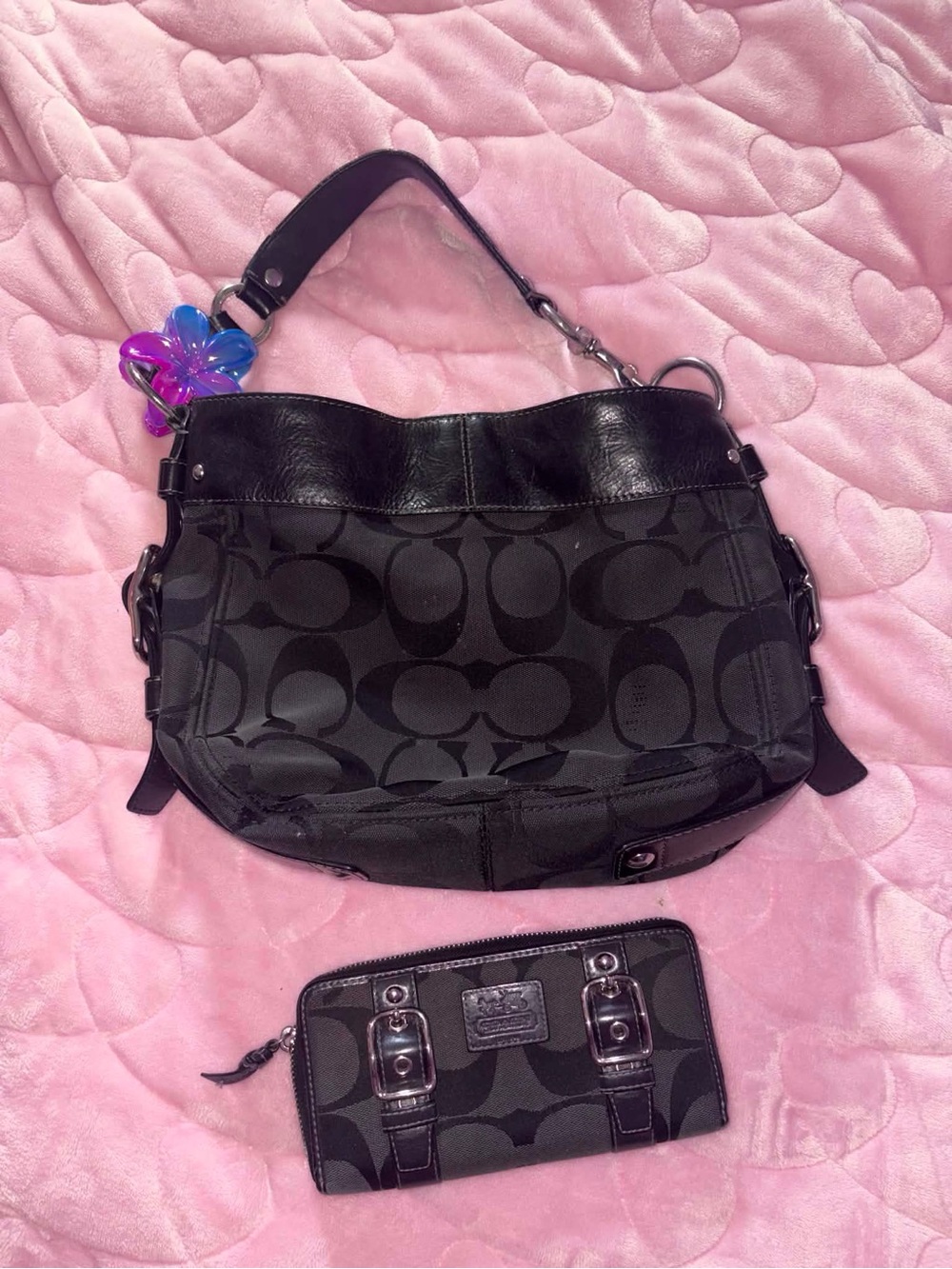 Coach Black Signature Jacquard Shoulder Bag with Matching Wallet